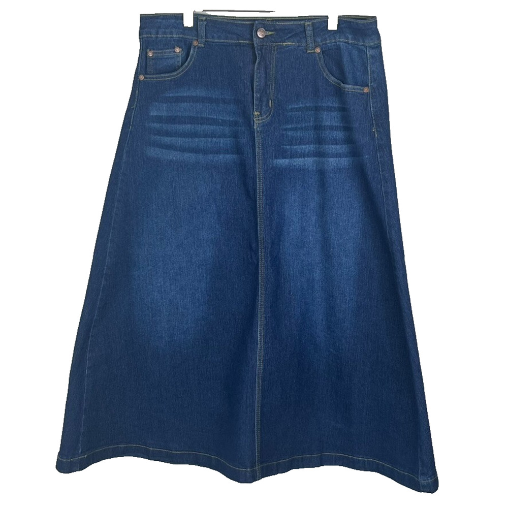 Fashion 2 Love Women’s Denim Cotton Blend Stretch Size XL Maxi Skirt Pockets Vtg